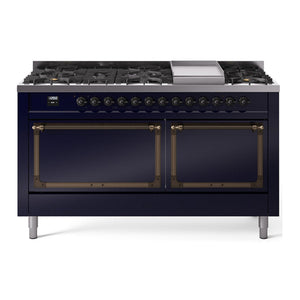 ILVE Nostalgie II 60-Inch Dual Fuel Range with 9 Sealed Burners + Griddle, 5.8 cu. ft. Oven, Midnight Blue with Burnished Trim, Liquid Propane, Solid Door, UN60FQNMPMBBLP