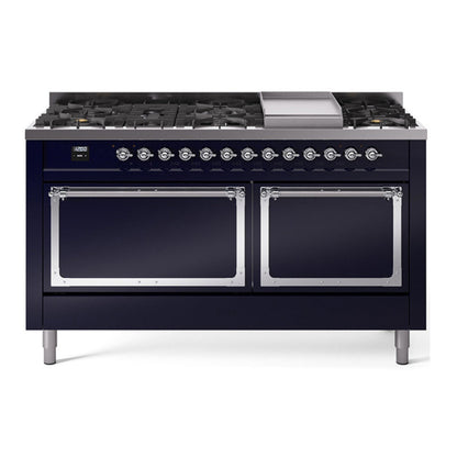 ILVE Nostalgie II 60-Inch Dual Fuel Range with 9 Sealed Burners + Griddle, 5.8 cu. ft. Oven, Midnight Blue with Chrome Trim, Liquid Propane, Solid Door, UN60FQNMPMBCLP