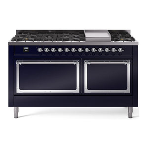 ILVE Nostalgie II 60-Inch Dual Fuel Range with 9 Sealed Burners + Griddle, 5.8 cu. ft. Oven, Midnight Blue with Chrome Trim, Natural Gas, Solid Door, UN60FQNMPMBC