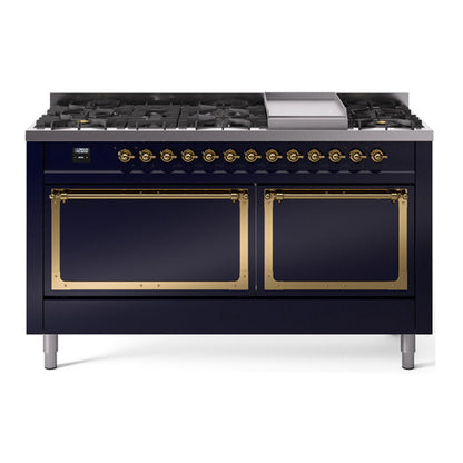 ILVE Nostalgie II 60-Inch Dual Fuel Range with 9 Sealed Burners + Griddle, 5.8 cu. ft. Oven, Midnight Blue with Brass Trim, Liquid Propane, Solid Door, UN60FQNMPMBGLP
