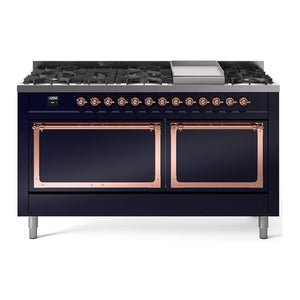 ILVE Nostalgie II 60-Inch Dual Fuel Range with 9 Sealed Burners + Griddle, 5.8 cu. ft. Oven, Midnight Blue with Copper Trim, Liquid Propane, Solid Door, UN60FQNMPMBPLP