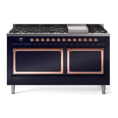 ILVE Nostalgie II 60-Inch Dual Fuel Range with 9 Sealed Burners + Griddle, 5.8 cu. ft. Oven, Midnight Blue with Copper Trim, Liquid Propane, Solid Door, UN60FQNMPMBPLP