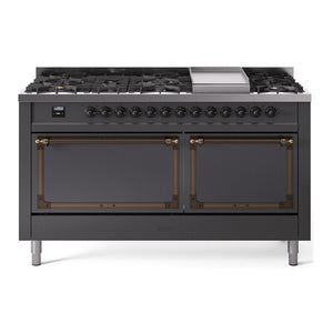 ILVE Nostalgie II 60-Inch Dual Fuel Range with 9 Sealed Burners + Griddle, 5.8 cu. ft. Oven, Graphite Matte with Burnished Trim, Liquid Propane, Solid Door, UN60FQNMPMGBLP