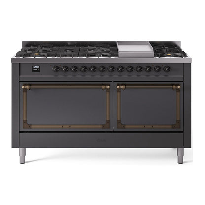 ILVE Nostalgie II 60-Inch Dual Fuel Range with 9 Sealed Burners + Griddle, 5.8 cu. ft. Oven, Graphite Matte with Burnished Trim, Natural Gas, Solid Door, UN60FQNMPMGB