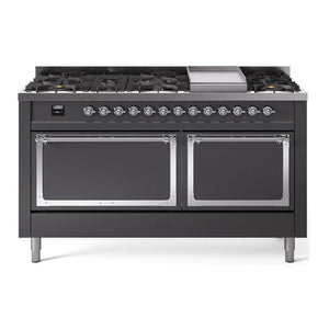 ILVE Nostalgie II 60-Inch Dual Fuel Range with 9 Sealed Burners + Griddle, 5.8 cu. ft. Oven, Graphite Matte with Chrome Trim, Liquid Propane, Solid Door, UN60FQNMPMGCLP