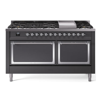 ILVE Nostalgie II 60-Inch Dual Fuel Range with 9 Sealed Burners + Griddle, 5.8 cu. ft. Oven, Graphite Matte with Chrome Trim, Liquid Propane, Solid Door, UN60FQNMPMGCLP