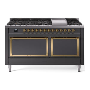 ILVE Nostalgie II 60-Inch Dual Fuel Range with 9 Sealed Burners + Griddle, 5.8 cu. ft. Oven, Graphite Matte with Brass Trim, Liquid Propane, Solid Door, UN60FQNMPMGGLP