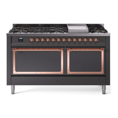 ILVE Nostalgie II 60-Inch Dual Fuel Range with 9 Sealed Burners + Griddle, 5.8 cu. ft. Oven, Graphite Matte with Copper Trim, Natural Gas, Solid Door, UN60FQNMPMGP