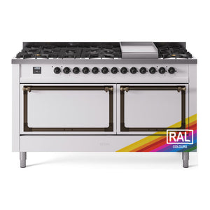 ILVE Nostalgie II 60-Inch Dual Fuel Range with 9 Sealed Burners + Griddle, 5.8 cu. ft. Oven, RAL with Burnished Trim, Liquid Propane, Solid Door, UN60FQNMPRABLP