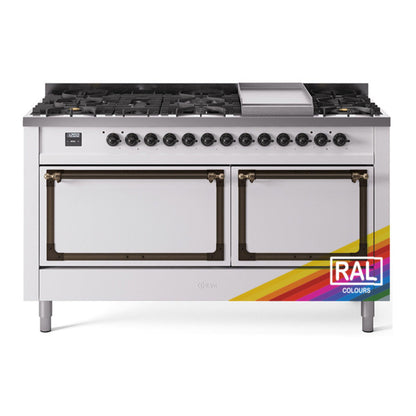 ILVE Nostalgie II 60-Inch Dual Fuel Range with 9 Sealed Burners + Griddle, 5.8 cu. ft. Oven, RAL with Burnished Trim, Natural Gas, Solid Door, UN60FQNMPRAB