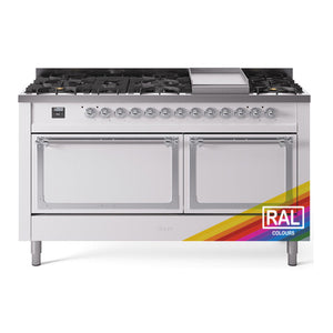 ILVE Nostalgie II 60-Inch Dual Fuel Range with 9 Sealed Burners + Griddle, 5.8 cu. ft. Oven, RAL with Chrome Trim, Natural Gas, Solid Door, UN60FQNMPRAC