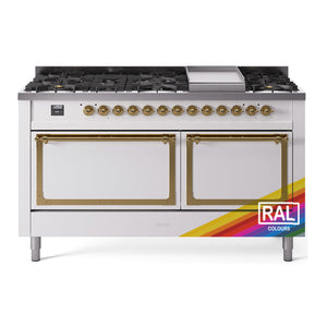ILVE Nostalgie II 60-Inch Dual Fuel Range with 9 Sealed Burners + Griddle, 5.8 cu. ft. Oven, RAL with Brass Trim, Natural Gas, Solid Door, UN60FQNMPRAG