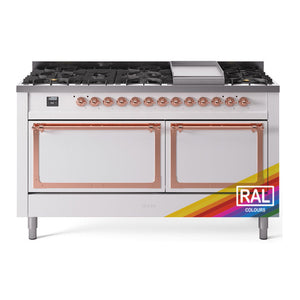 ILVE Nostalgie II 60-Inch Dual Fuel Range with 9 Sealed Burners + Griddle, 5.8 cu. ft. Oven, RAL with Copper Trim, Natural Gas, Solid Door, UN60FQNMPRAP