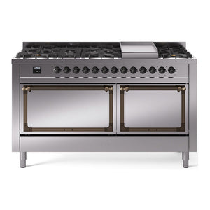 ILVE Nostalgie II 60-Inch Dual Fuel Range with 9 Sealed Burners + Griddle, 5.8 cu. ft. Oven, Stainless Steel with Burnished Trim, Liquid Propane, Solid Door, UN60FQNMPSSBLP