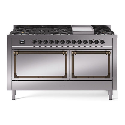 ILVE Nostalgie II 60-Inch Dual Fuel Range with 9 Sealed Burners + Griddle, 5.8 cu. ft. Oven, Stainless Steel with Burnished Trim, Liquid Propane, Solid Door, UN60FQNMPSSBLP