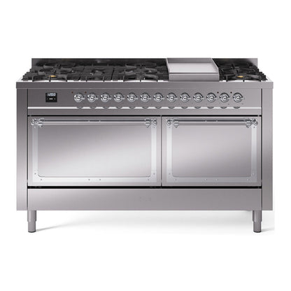 ILVE Nostalgie II 60-Inch Dual Fuel Range with 9 Sealed Burners + Griddle, 5.8 cu. ft. Oven, Stainless Steel with Chrome Trim, Liquid Propane, Solid Door, UN60FQNMPSSCLP