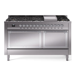 ILVE Nostalgie II 60-Inch Dual Fuel Range with 9 Sealed Burners + Griddle, 5.8 cu. ft. Oven, Stainless Steel with Chrome Trim, Natural Gas, Solid Door, UN60FQNMPSSC