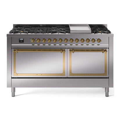 ILVE Nostalgie II 60-Inch Dual Fuel Range with 9 Sealed Burners + Griddle, 5.8 cu. ft. Oven, Stainless Steel with Brass Trim, Liquid Propane, Solid Door, UN60FQNMPSSGLP