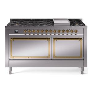 ILVE Nostalgie II 60-Inch Dual Fuel Range with 9 Sealed Burners + Griddle, 5.8 cu. ft. Oven, Stainless Steel with Brass Trim, Natural Gas, Solid Door, UN60FQNMPSSG