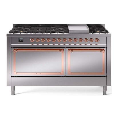 ILVE Nostalgie II 60-Inch Dual Fuel Range with 9 Sealed Burners + Griddle, 5.8 cu. ft. Oven, Stainless Steel with Copper Trim, Liquid Propane, Solid Door, UN60FQNMPSSPLP