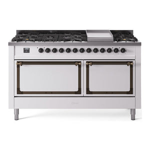 ILVE Nostalgie II 60-Inch Dual Fuel Range with 9 Sealed Burners + Griddle, 5.8 cu. ft. Oven, White with Burnished Trim, Liquid Propane, Solid Door, UN60FQNMPWHBLP