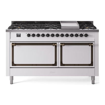 ILVE Nostalgie II 60-Inch Dual Fuel Range with 9 Sealed Burners + Griddle, 5.8 cu. ft. Oven, White with Burnished Trim, Liquid Propane, Solid Door, UN60FQNMPWHBLP