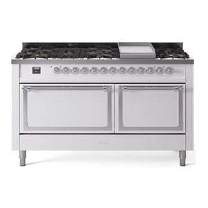 ILVE Nostalgie II 60-Inch Dual Fuel Range with 9 Sealed Burners + Griddle, 5.8 cu. ft. Oven, White with Chrome Trim, Liquid Propane, Solid Door, UN60FQNMPWHCLP