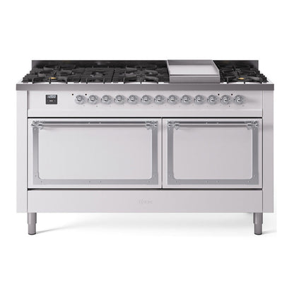 ILVE Nostalgie II 60-Inch Dual Fuel Range with 9 Sealed Burners + Griddle, 5.8 cu. ft. Oven, White with Chrome Trim, Liquid Propane, Solid Door, UN60FQNMPWHCLP