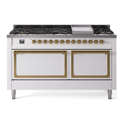 ILVE Nostalgie II 60-Inch Dual Fuel Range with 9 Sealed Burners + Griddle, 5.8 cu. ft. Oven, White with Brass Trim, Liquid Propane, Solid Door, UN60FQNMPWHGLP
