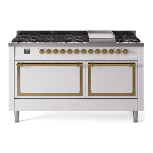 ILVE Nostalgie II 60-Inch Dual Fuel Range with 9 Sealed Burners + Griddle, 5.8 cu. ft. Oven, White with Brass Trim, Natural Gas, Solid Door, UN60FQNMPWHG
