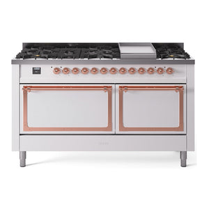ILVE Nostalgie II 60-Inch Dual Fuel Range with 9 Sealed Burners + Griddle, 5.8 cu. ft. Oven, White with Copper Trim, Liquid Propane, Solid Door, UN60FQNMPWHPLP