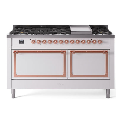 ILVE Nostalgie II 60-Inch Dual Fuel Range with 9 Sealed Burners + Griddle, 5.8 cu. ft. Oven, White with Copper Trim, Liquid Propane, Solid Door, UN60FQNMPWHPLP