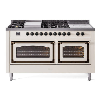 ILVE Nostalgie II 60-Inch Dual Fuel Range with 7 Sealed Burners + Griddle + French Top, 5.8 cu. ft. Oven, Antique White with Burnished Trim, Liquid Propane, Triple Glass Door, UN60FSNMPAWBLP