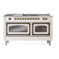 ILVE Nostalgie II 60-Inch Dual Fuel Range with 7 Sealed Burners + Griddle + French Top, 5.8 cu. ft. Oven, Antique White with Burnished Trim, Liquid Propane, Triple Glass Door, UN60FSNMPAWBLP