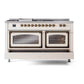 ILVE Nostalgie II 60-Inch Dual Fuel Range with 7 Sealed Burners + Griddle + French Top, 5.8 cu. ft. Oven, Antique White with Burnished Trim, Natural Gas, Triple Glass Door, UN60FSNMPAWB