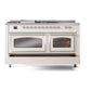 ILVE Nostalgie II 60-Inch Dual Fuel Range with 7 Sealed Burners + Griddle + French Top, 5.8 cu. ft. Oven, Antique White with Chrome Trim, Liquid Propane, Triple Glass Door, UN60FSNMPAWCLP
