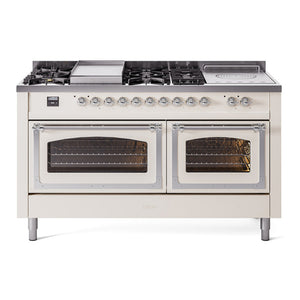 ILVE Nostalgie II 60-Inch Dual Fuel Range with 7 Sealed Burners + Griddle + French Top, 5.8 cu. ft. Oven, Antique White with Chrome Trim, Natural Gas, Triple Glass Door, UN60FSNMPAWC