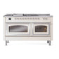 ILVE Nostalgie II 60-Inch Dual Fuel Range with 7 Sealed Burners + Griddle + French Top, 5.8 cu. ft. Oven, Antique White with Chrome Trim, Natural Gas, Triple Glass Door, UN60FSNMPAWC