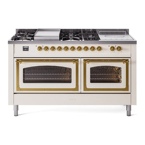 ILVE Nostalgie II 60-Inch Dual Fuel Range with 7 Sealed Burners + Griddle + French Top, 5.8 cu. ft. Oven, Antique White with Brass Trim, Liquid Propane, Triple Glass Door, UN60FSNMPAWGLP