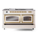 ILVE Nostalgie II 60-Inch Dual Fuel Range with 7 Sealed Burners + Griddle + French Top, 5.8 cu. ft. Oven, Antique White with Brass Trim, Liquid Propane, Triple Glass Door, UN60FSNMPAWGLP
