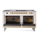 ILVE Nostalgie II 60-Inch Dual Fuel Range with 7 Sealed Burners + Griddle + French Top, 5.8 cu. ft. Oven, Antique White with Brass Trim, Natural Gas, Triple Glass Door, UN60FSNMPAWG