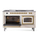 ILVE Nostalgie II 60-Inch Dual Fuel Range with 7 Sealed Burners + Griddle + French Top, 5.8 cu. ft. Oven, Antique White with Brass Trim, Natural Gas, Triple Glass Door, UN60FSNMPAWG