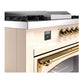 ILVE Nostalgie II 60-Inch Dual Fuel Range with 7 Sealed Burners + Griddle + French Top, 5.8 cu. ft. Oven, Antique White with Brass Trim, Natural Gas, Triple Glass Door, UN60FSNMPAWG