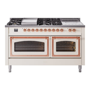 ILVE Nostalgie II 60-Inch Dual Fuel Range with 7 Sealed Burners + Griddle + French Top, 5.8 cu. ft. Oven, Antique White with Copper Trim, Liquid Propane, Triple Glass Door, UN60FSNMPAWPLP