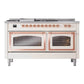 ILVE Nostalgie II 60-Inch Dual Fuel Range with 7 Sealed Burners + Griddle + French Top, 5.8 cu. ft. Oven, Antique White with Copper Trim, Natural Gas, Triple Glass Door, UN60FSNMPAWP