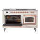 ILVE Nostalgie II 60-Inch Dual Fuel Range with 7 Sealed Burners + Griddle + French Top, 5.8 cu. ft. Oven, Antique White with Copper Trim, Natural Gas, Triple Glass Door, UN60FSNMPAWP