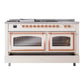 ILVE Nostalgie II 60-Inch Dual Fuel Range with 7 Sealed Burners + Griddle + French Top, 5.8 cu. ft. Oven, Antique White with Copper Trim, Natural Gas, Triple Glass Door, UN60FSNMPAWP