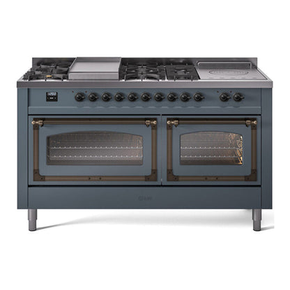 ILVE Nostalgie II 60-Inch Dual Fuel Range with 7 Sealed Burners + Griddle + French Top, 5.8 cu. ft. Oven, Blue Grey with Burnished Trim, Liquid Propane, Triple Glass Door, UN60FSNMPBGBLP