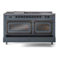 ILVE Nostalgie II 60-Inch Dual Fuel Range with 7 Sealed Burners + Griddle + French Top, 5.8 cu. ft. Oven, Blue Grey with Burnished Trim, Liquid Propane, Triple Glass Door, UN60FSNMPBGBLP