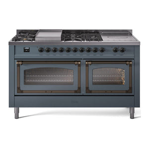 ILVE Nostalgie II 60-Inch Dual Fuel Range with 7 Sealed Burners + Griddle + French Top, 5.8 cu. ft. Oven, Blue Grey with Burnished Trim, Natural Gas, Triple Glass Door, UN60FSNMPBGB